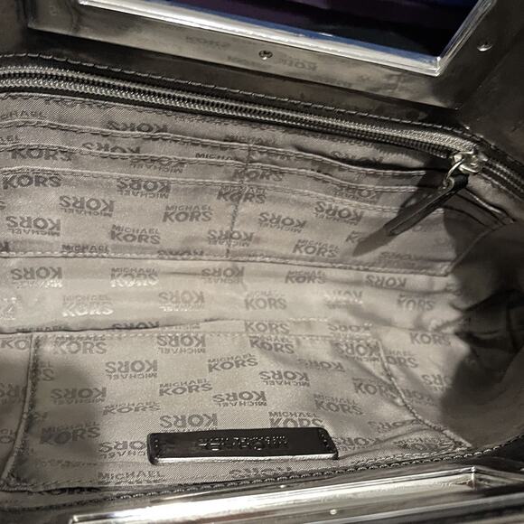 Michael Kors Nickel Monogram Berkeley Clutch Purse Metallic Patent Leather Bag - Picture 7 of 8